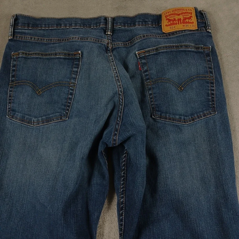 Levis‎ 514 Jeans Mens 36x30 Blue Denim Straight Fit Logo Casual Distressed A2